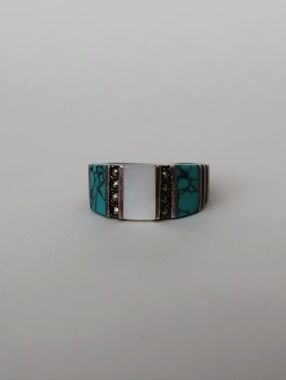 Silver Turquoise Inlay Band Ring with White Center